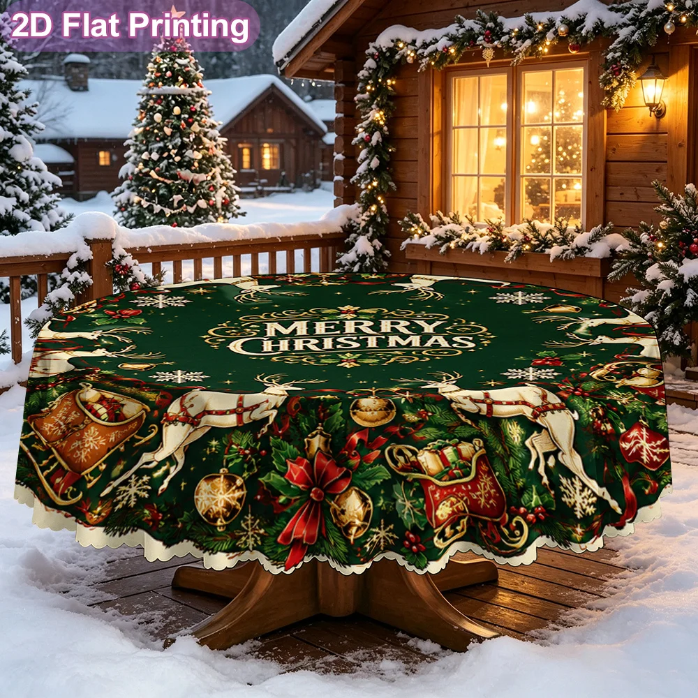 2D flat 1 piece tablecloth, elegant Christmas reindeer sleigh wreath pattern round tablecloth