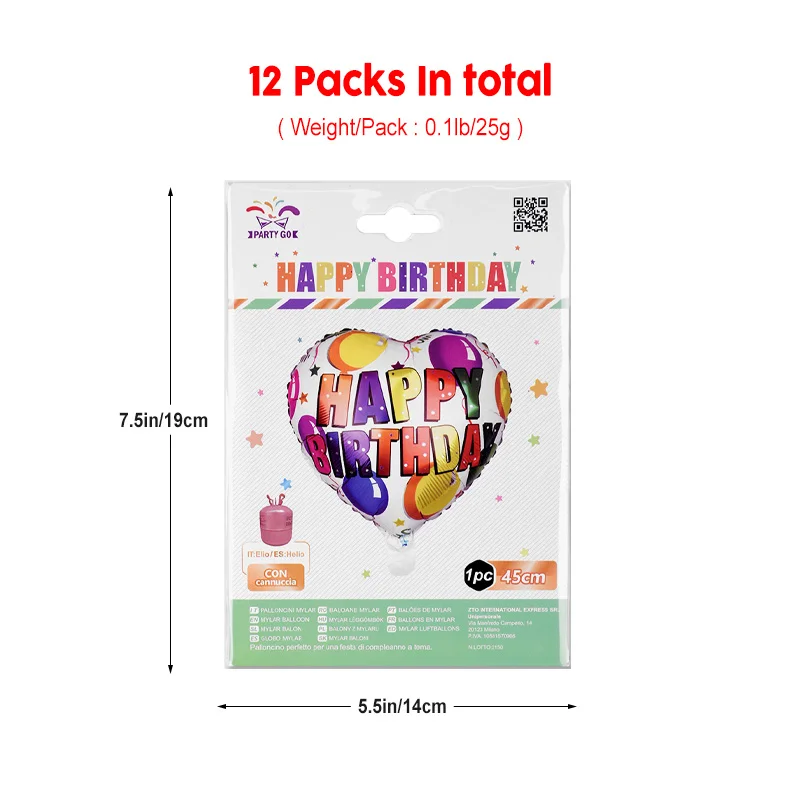 12 Pecies-18 ''Feliz ANIVERSÁRIO" Balões de folha em forma de coração 1 unidade/pacote 12 pacotes para decorações de festa