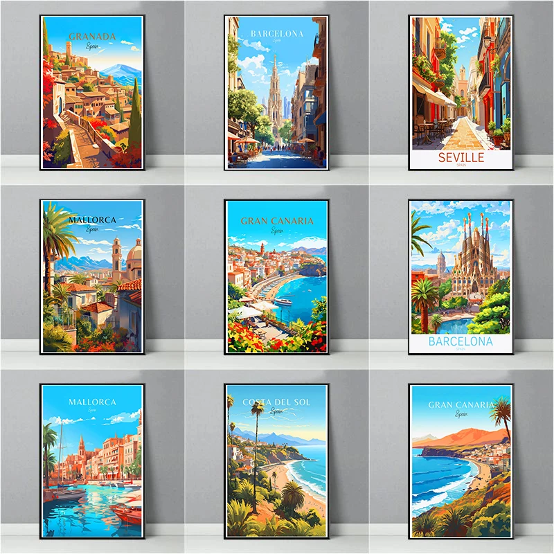 Spain Travel Poster Paris Gran Canaria Barcelona Madrid Granada Canvas Painting Wall Art Picture for Living Room Home Decor
