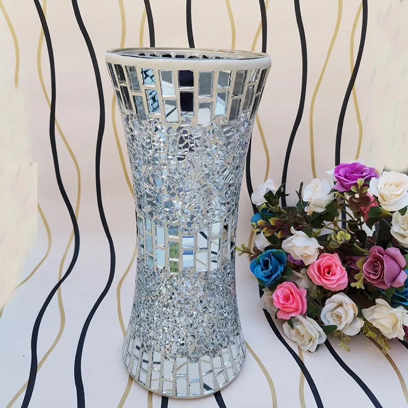 Shiny Silver High 30cm Handmade Glass Mosaic Vase Flower Bed Handicraft Ornament Jarrones Living Room Decoration Terrarium Vases
