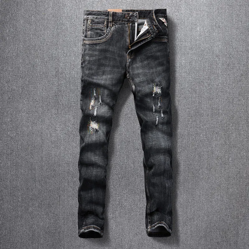 

Fashion Designer Men Jeans High Quality Retro Black Gray Embroidery Patched Stretch Slim Ripped Jeans Men Vintage Denim Pants