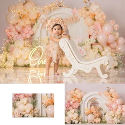 Pretty Peach Pink Balloons Arch Backdrops Kids Baby Birthday Cake Smash Photocall Decors Floral Photocall Backgrounds