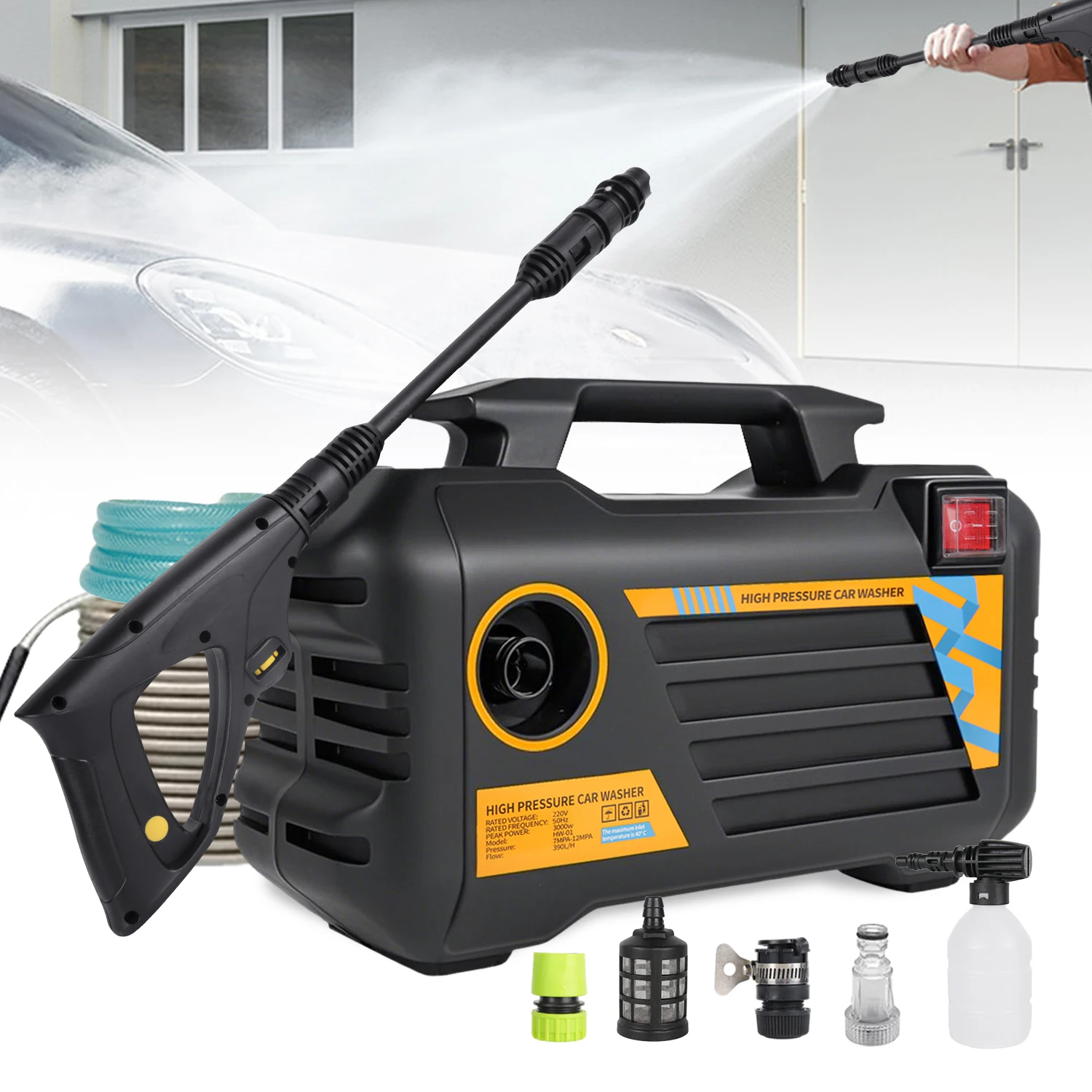 Nettoyeur haute pression électrique 3000W, 300BAR, pistolet de lavage de voiture, machine à laver puissante portative pour le lavage des sols de la maison et du jardin, pompe de lavage