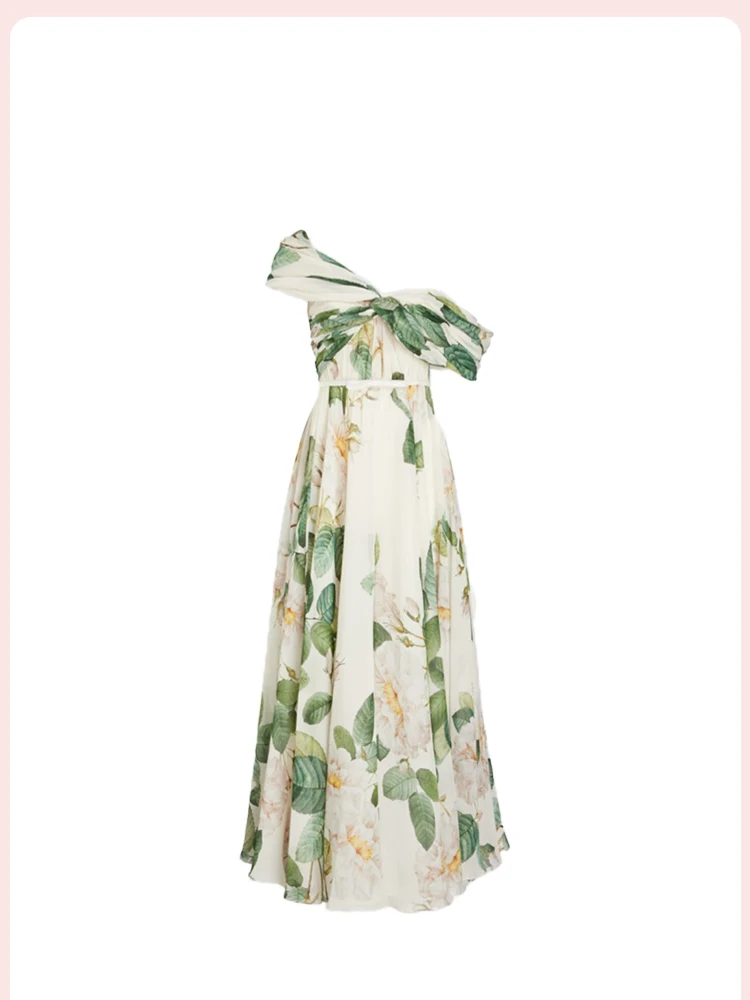 

Ele Floral One-oulder Dr Yeva Tea Break Holiday Long Gown Asymmetrical High Waist A-Line Skirt Summer Casual Dr