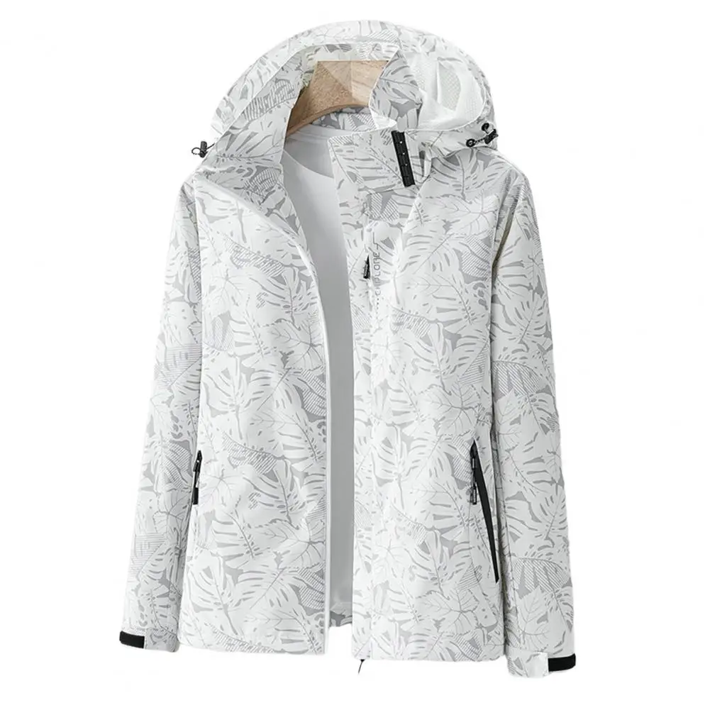 

Women Jacket Windbreaker Leaf Print Long Sleeve Hooded Zipper Pockets Fall Spring chamarras para mujeres