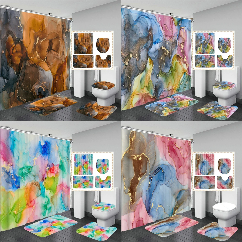 

Colorful Golden Abstract Marble Print 3D Shower Curtain Waterproof Bathroom Curtain Anti-slip Bath Mat Set Toilet Rug Carpet