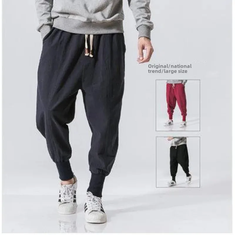 

New Style Men's Large Size Cotton Linen Chinese Style Harajuku Pants Japanese Style Solid Color Loose Fit Casual Pants
