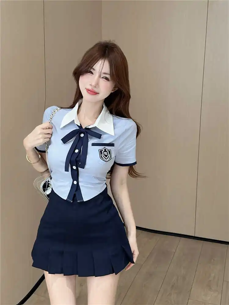 College Style Blue Shirt Skirt Set Women's Fashionable Two-Piece Uniform School Uniform Cute Sweet Girl Spicy Girl Summer Clo...