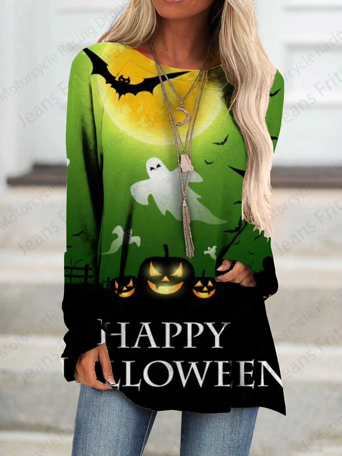 Cartoon Halloween 3d Print Long Sleeve T-shirt Women Fashion Crewneck Long Tunic Tops Women Falls Skull Clothing Femme Tops Y2k