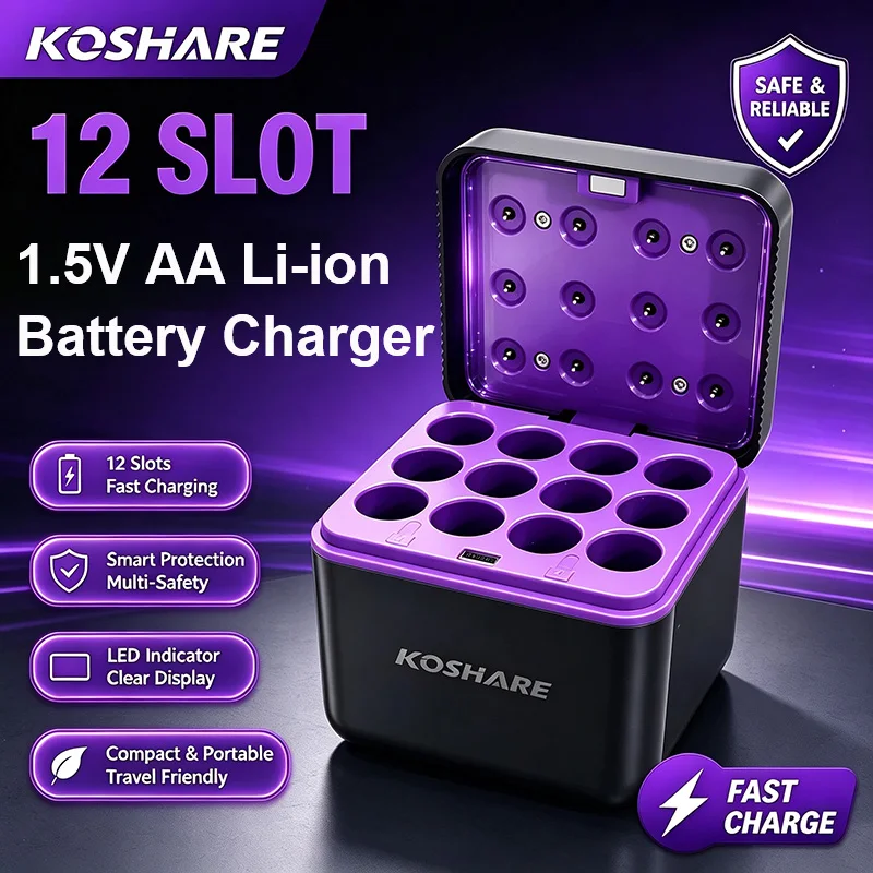 KOSHARE Nowa Ulepszona Ładowarka do Baterii 1.5V z 12 Gniazdami, Inteligentna, Niezależna, z Wskaźnikiem LED, do Akumulatorów Litowych AA — zdjęcie produktu 1