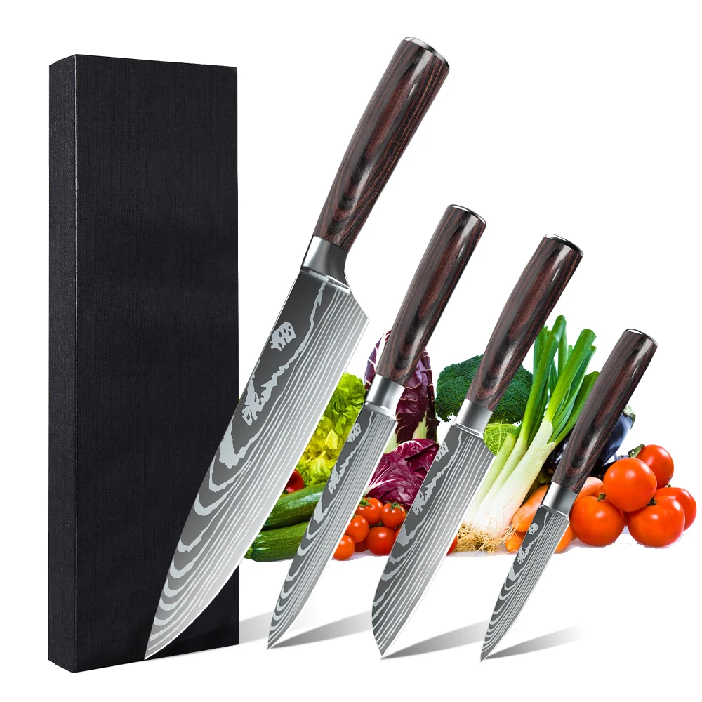 Damascus Pattern Kitchen Knives Set Professional Japanese Santoku Cleaver Slicing Knife Boning Knife Butcher Cleaver Knife