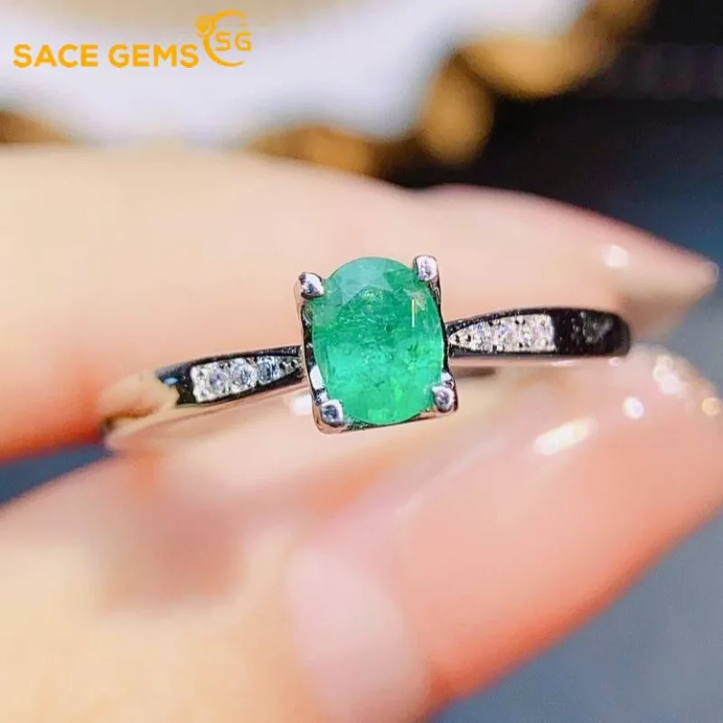 

SACE GEMS Fashion 925 Sterling Silver 4*5mm Natual Emerald Luxury Rings for Women Created Wedding Engagement Party Fine Jewelry