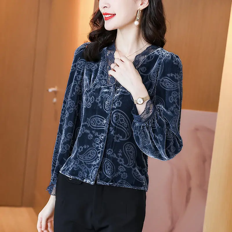 Women Blouse High-end Gold Velvet Jacket 2023 New Lace V-colorant Small Shirt Long-sleeved Foreign Slimming Small Shirt Clothing