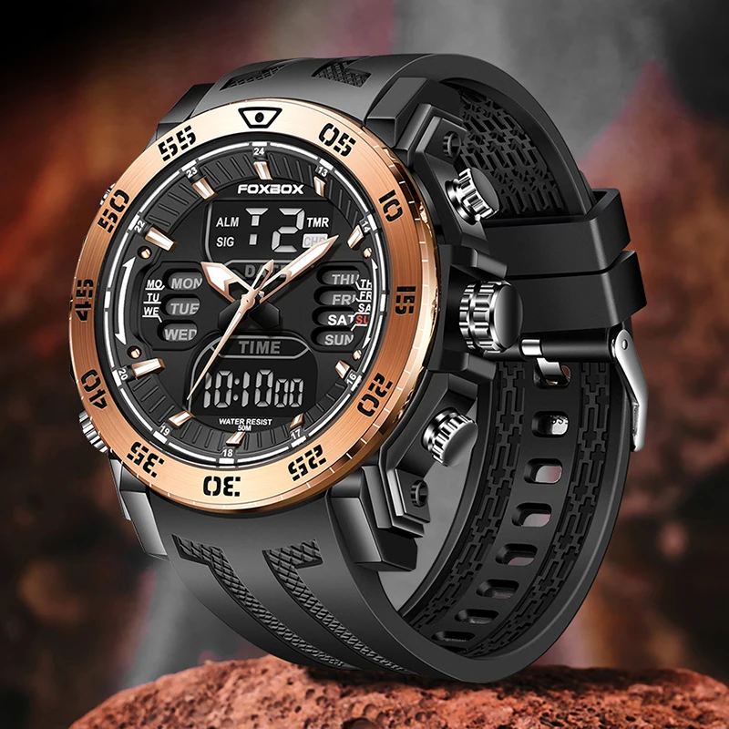 ساعة FOXBOX مزدوجة العرض للرجال، ساعة يد كوارتز رياضية عسكرية للرجال، مقاومة للماء، سيليكون تناظرية رقمية للرجال