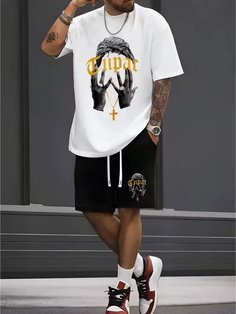 Moda masculina camiseta shorts conjunto de 2 peças 2025 novo t camisa masculina terno plus size manga curta camiseta cordão bolso lateral shorts conjunto