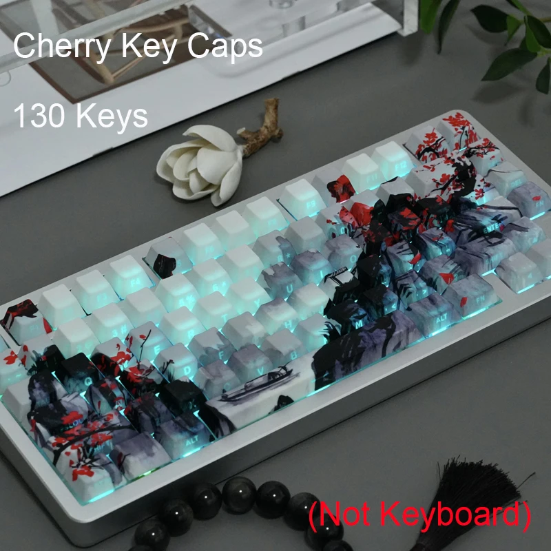 

Chinese Ink Painting Keycaps Plum Blossom Translucent Cherry 130 Keys Custom PBT Keycaps Set For MX Switch Mechanical Keyboard