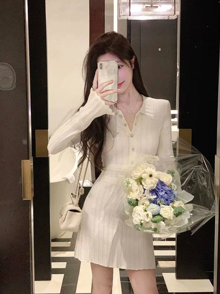 Women's French Style Openwork Long Sleeve Knit Dress Autumn Elegant Slim Waist Bodycon Mini Sweater