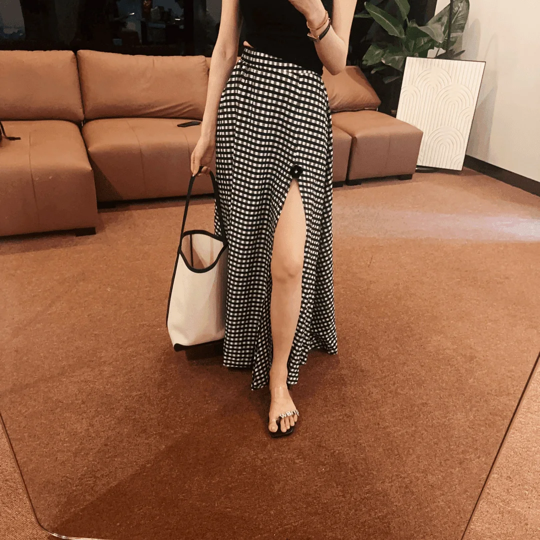 Hohe Taille Plaid A-Line Midi Rock frauen Herbst Neue Seite Schlitz Vintage Elastische Taille f Körper Rock Ele Abnehmen