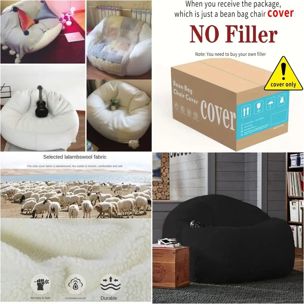 

Plush Bean Bag Lounge Chair - Black Cover for Living Room, Study, Casual Use