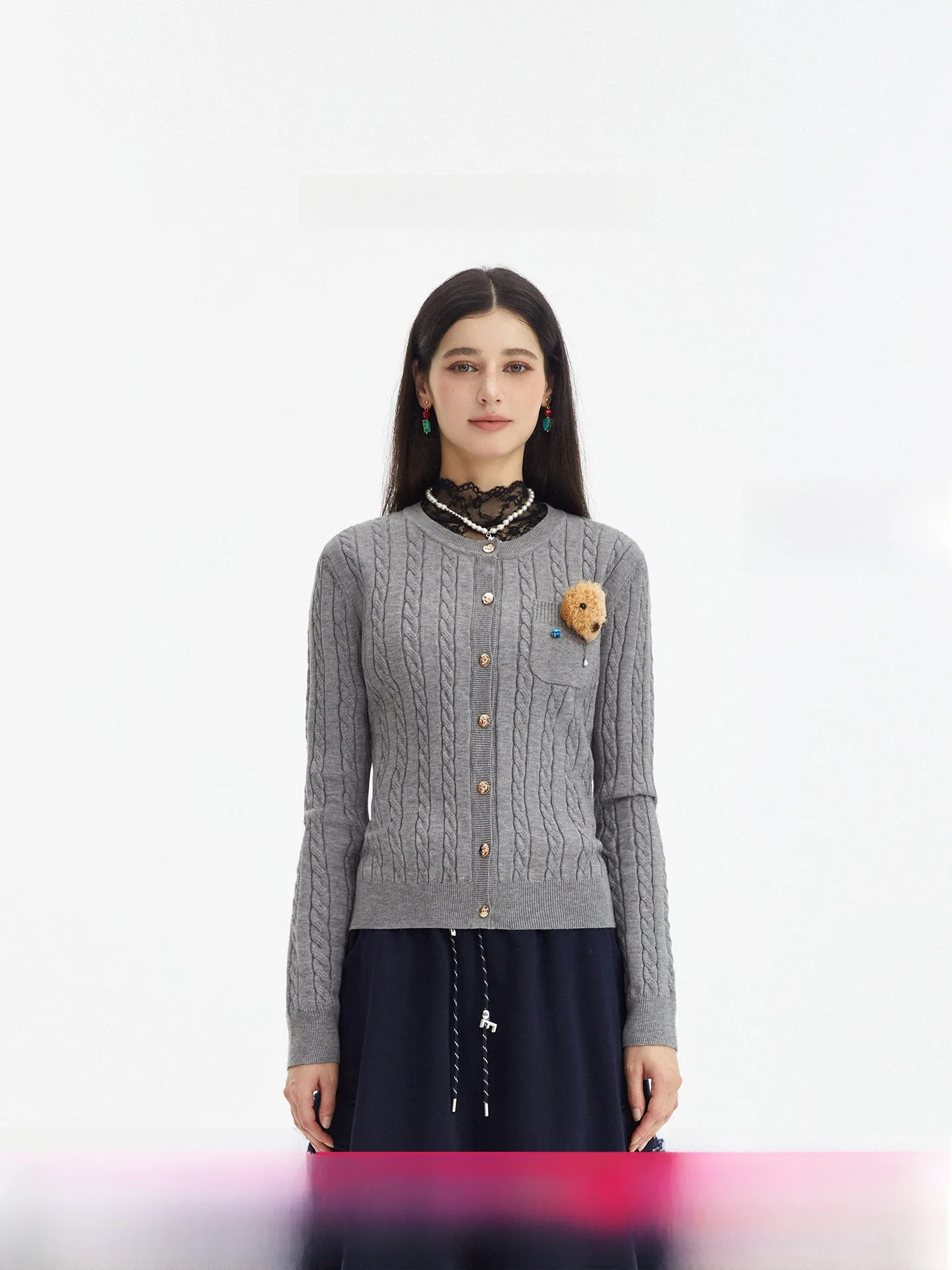 

Noisy Teddy25 Cute Bear Head Women's Long Sve Slim Fit Open Cardigan Knitwear Simple Versatile Autumn New Arrival