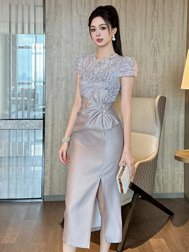 Robe de Banquet française pour femmes, douce, célébrité, dentelle transparente, diamants, paillettes, Robe de bal, nœud pliable, Corset, robes de soirée
