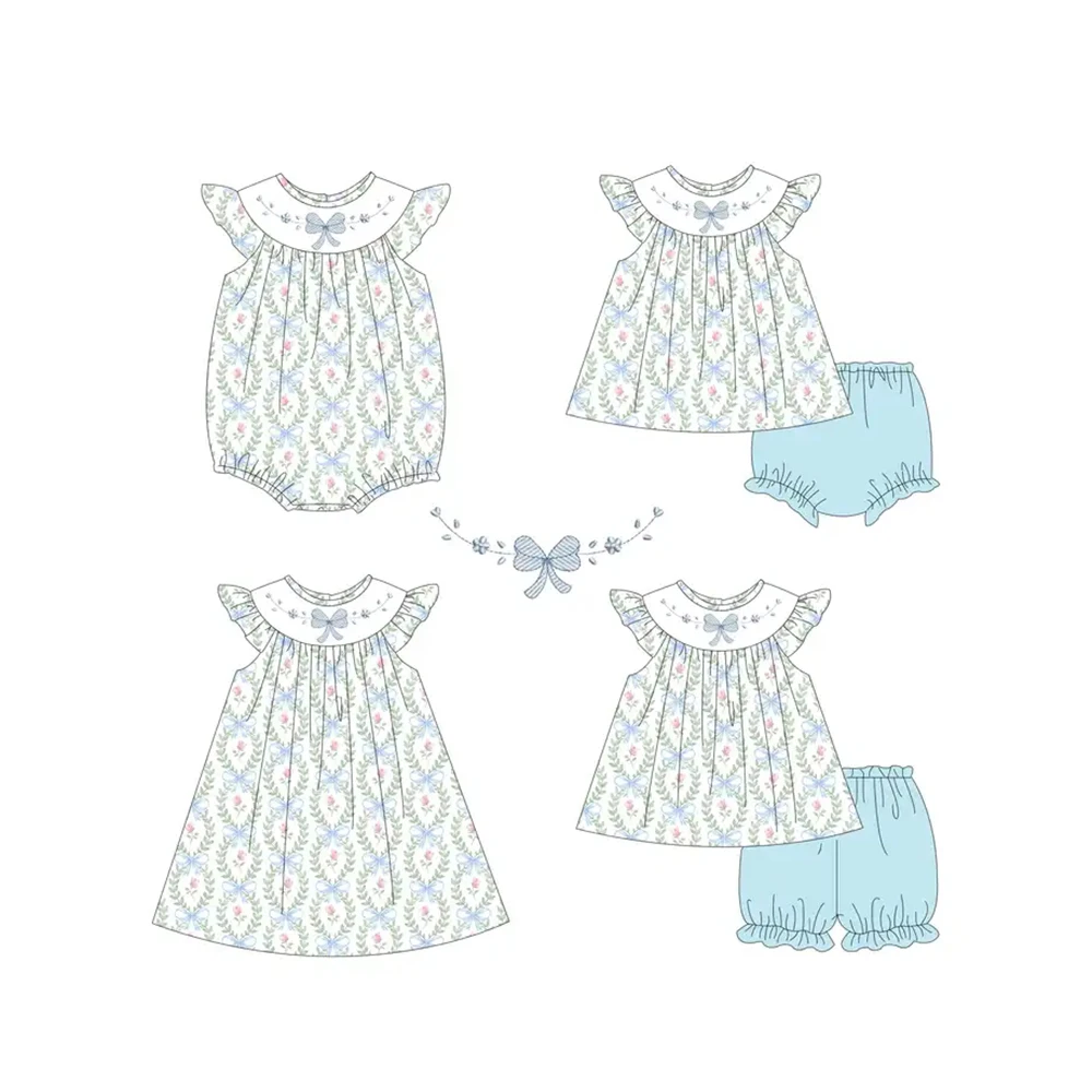 

Boutique bow knot screen print set girls bow knot printing toddler girls dresses with baby bubble