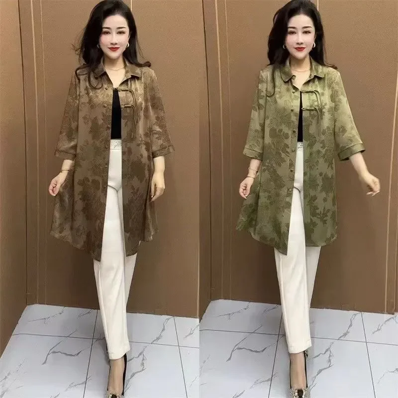 Nueva Camisa Larga Holgada Estilo Chino para Mamá, Protección Térmica para Mujeres de Mediana Edad, Manga Larga, Cuello con Estampado