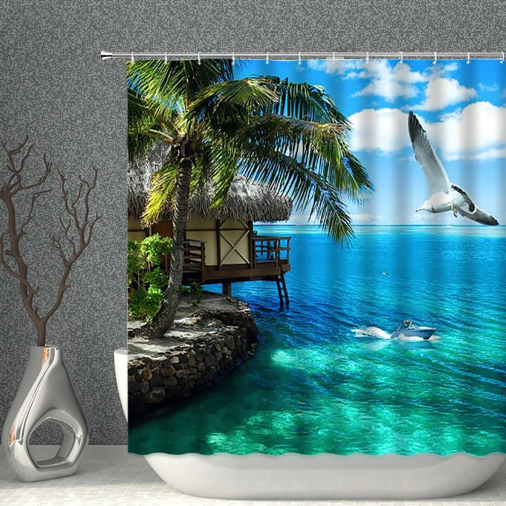 

Tropical Beach Palm Tree Shower Curtain Polyester Printed Bathroom Decor Ocean View Coastal Style Home Bath