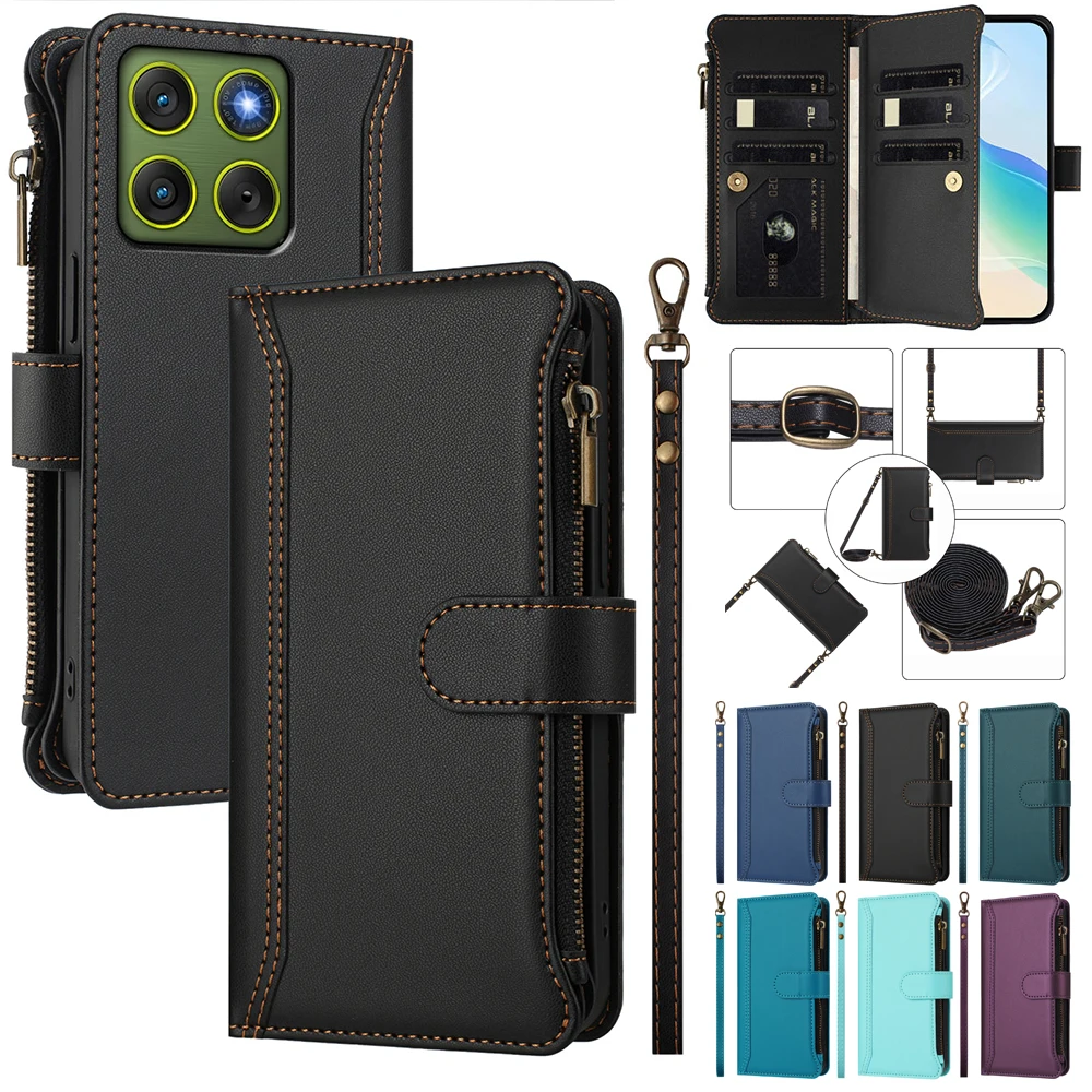 

Card Wallet Phone Cover For Moto Edge 70 60 Stylus 50 Fusion 40 Neo 30 Ultra X30 S30 5G Leather Case Wrist Strap Crossbody Shell