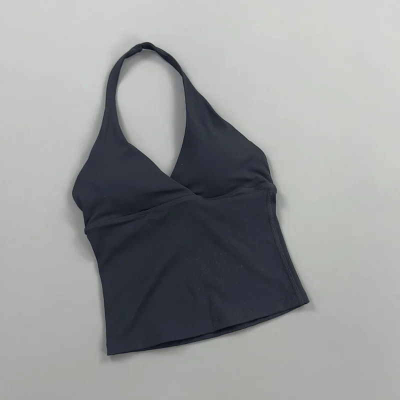 Damen Neckholder-Cropped-Tanktop mit V-Ausschnitt, eingebautem gepolstertem BH, ärmellos, dehnbar, weiches Camisole für Yoga, Fitness, Workout, ActiveWear – Detail 12