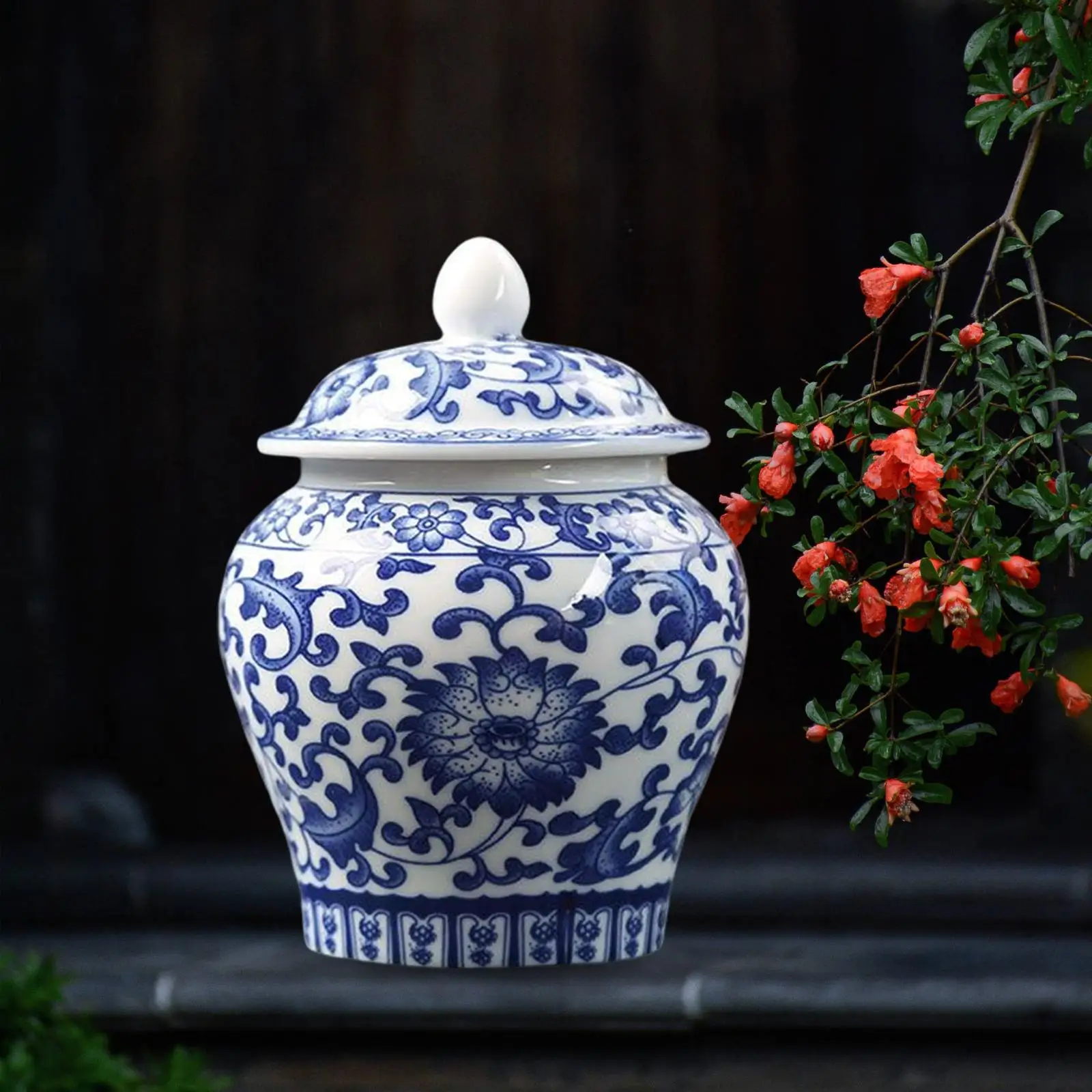 Blue White Porcelain Decorative Temple Jar Vase with Lid with Fine Glaze Finish Kitchen Decor