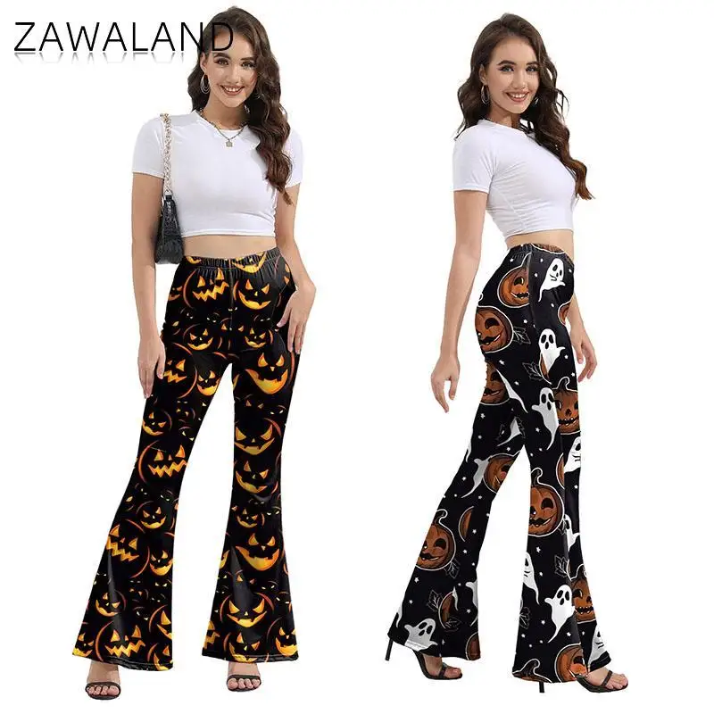 

Zawaland Women's Bell Bottoms Halloween Pumpkin Devil Print Tights Casual Elegant Leggings For Ladies Fashion Flared Pants