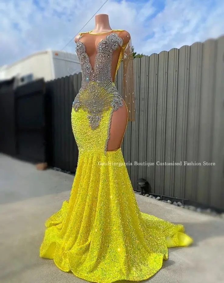 Bright Yellow Luxury Mermaid Prom Dress 2024 Exquisite One Shoulder Sleeve See Through Mesh Black Girls Birthday Party Ball Gown