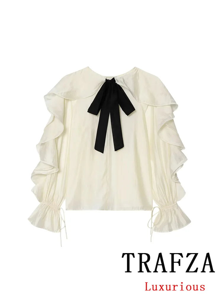 

TRAFZA Casual Chic Women Blouse Beige Solid Pullover Ruffled Bow Long Sleeve Loose Shirts New Fashion 2025 Autumn Female Blouse