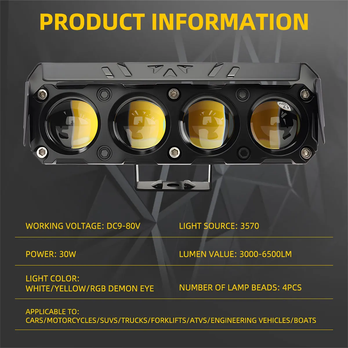 Motorfiets LED Spotlight 30 W Mistlampen 9 V-80 V Koplamp Dual Kleur RGB Werklamp 4 Lens 3570 Chip voor Auto Vrachtwagens SUV UTV SSV
