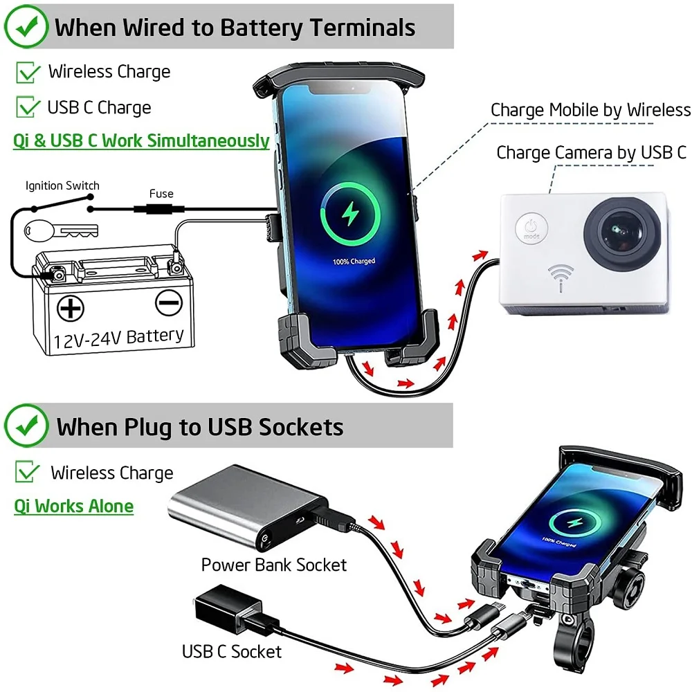 مقاوم للماء 12 فولت دراجة نارية مرآة المقود 15 واط اللاسلكية تشى/USB C PD 20 واط الهاتف المحمول حامل شاحن سريع جبل مهد مع التبديل