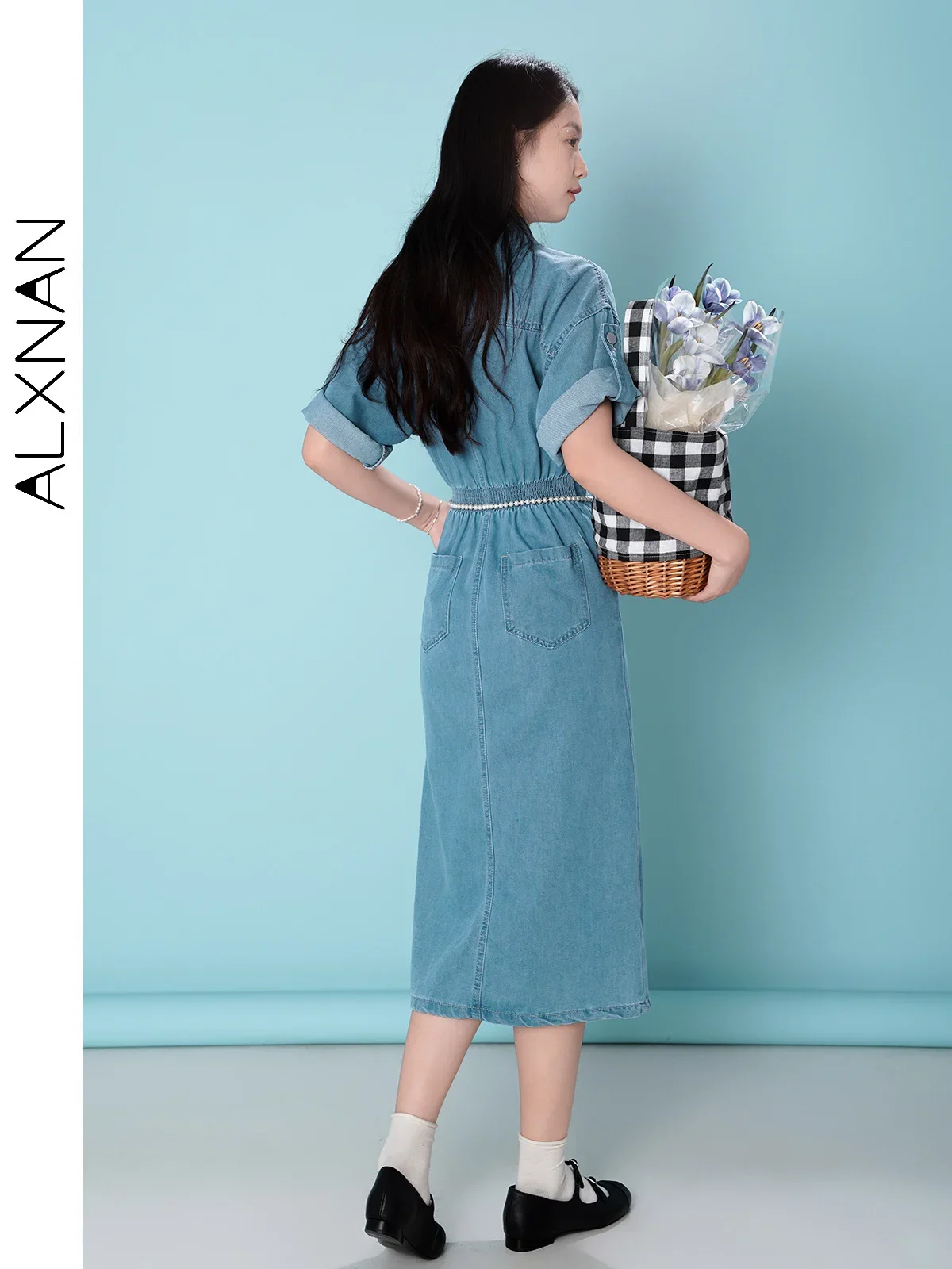 ALXNAN Women Summer Midi Denim Dress Female 2024 Casual Short Sleeve Patch Pockets Notched Collar Fitted Split Dress LXN29722