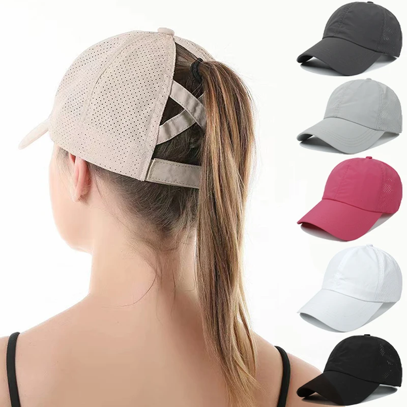 Summer Solid Color Baseball Caps Golf Wear Women Sport Leisure Cross Ponytail Hat Mesh Quick-Drying Half-Hollow Men\'s Peaked Cap