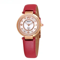 BERNY-Montre-bracelet à quartz en saphir pour femme, horloge incrustée de diamants, montres en cuir pour femme, calendrier élégant, S, S, luxe
