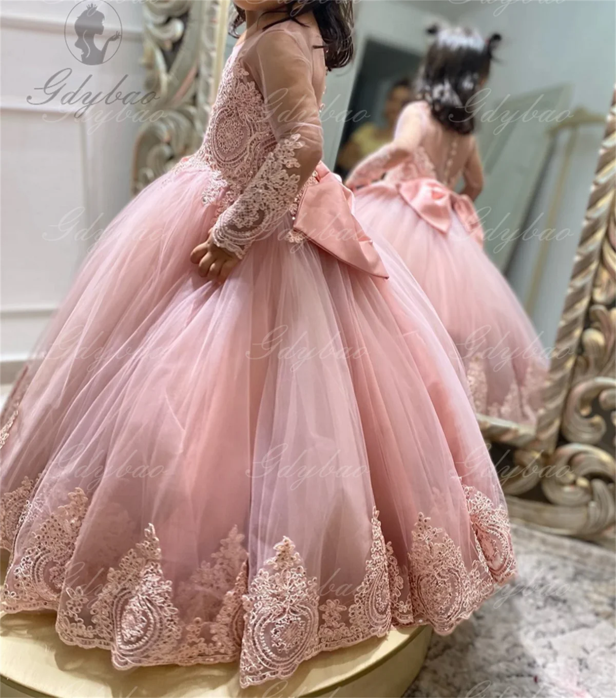 Custom Lace Flower Girl Dress Long Sleeves Floor Length Pageant Dresses First Communion Dresses Ball Gowns For Dark Pink