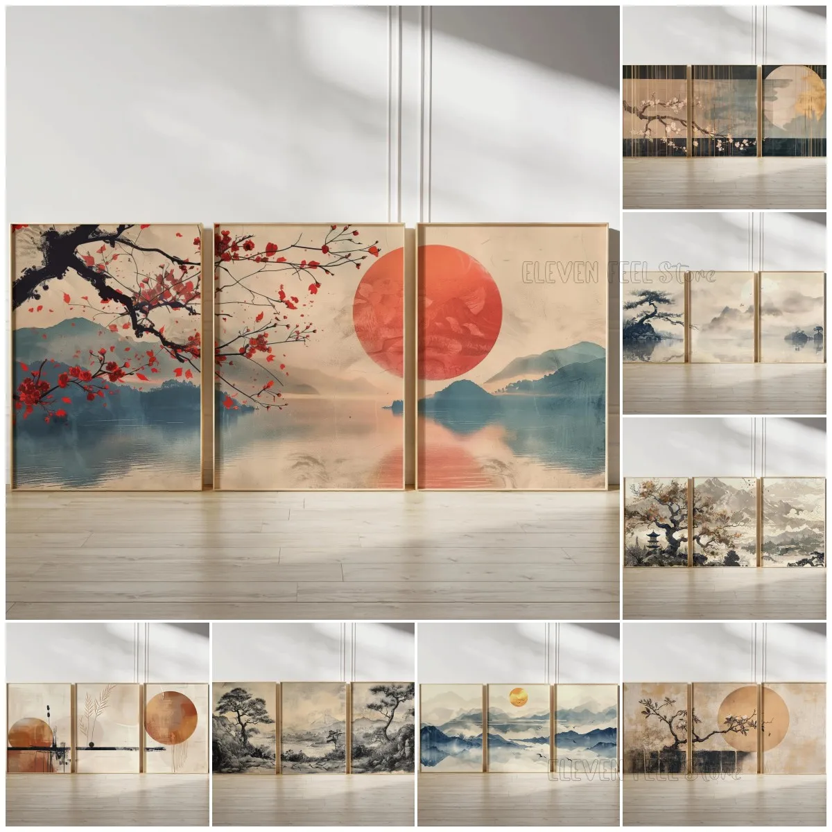 3-teiliges Minimalistisches Neutrales Japanisches Landschafts-Zen-Natur-Kunstposter, Japanische Kirschblüten Minimalistische Wandkunst Wohndekoration