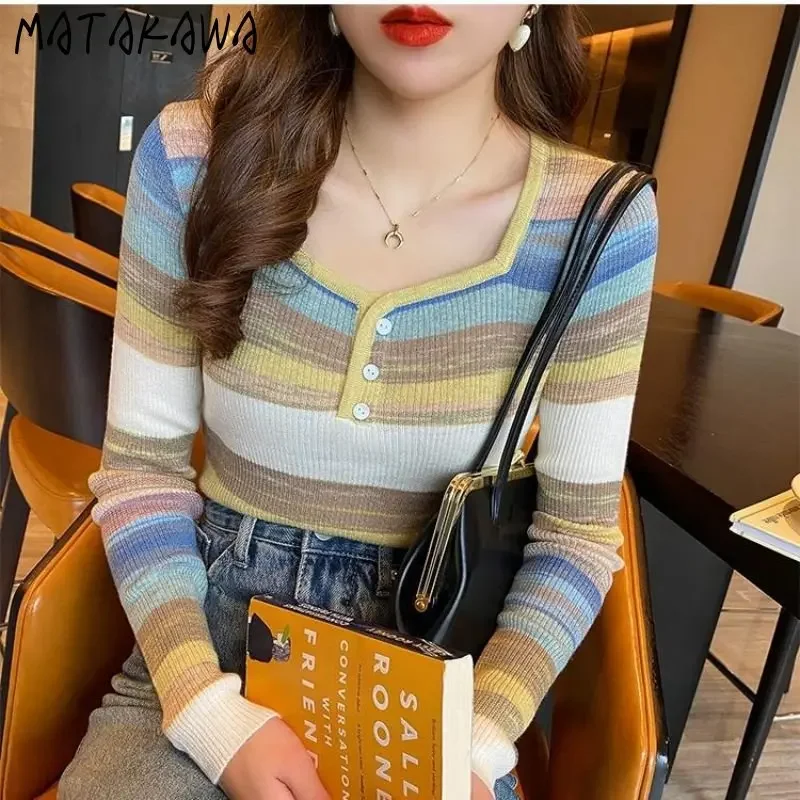 Matakawa Autumn Winter Women Sweaters Stripes Rainbow Square Neck Korean Fashion Pull Femme Contrast Color Retro Sueter Mujer