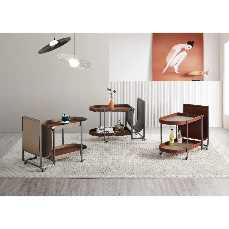 Light luxury saddle leather sofa side table living room balcony removable shelf design trolley small apartment corner table
