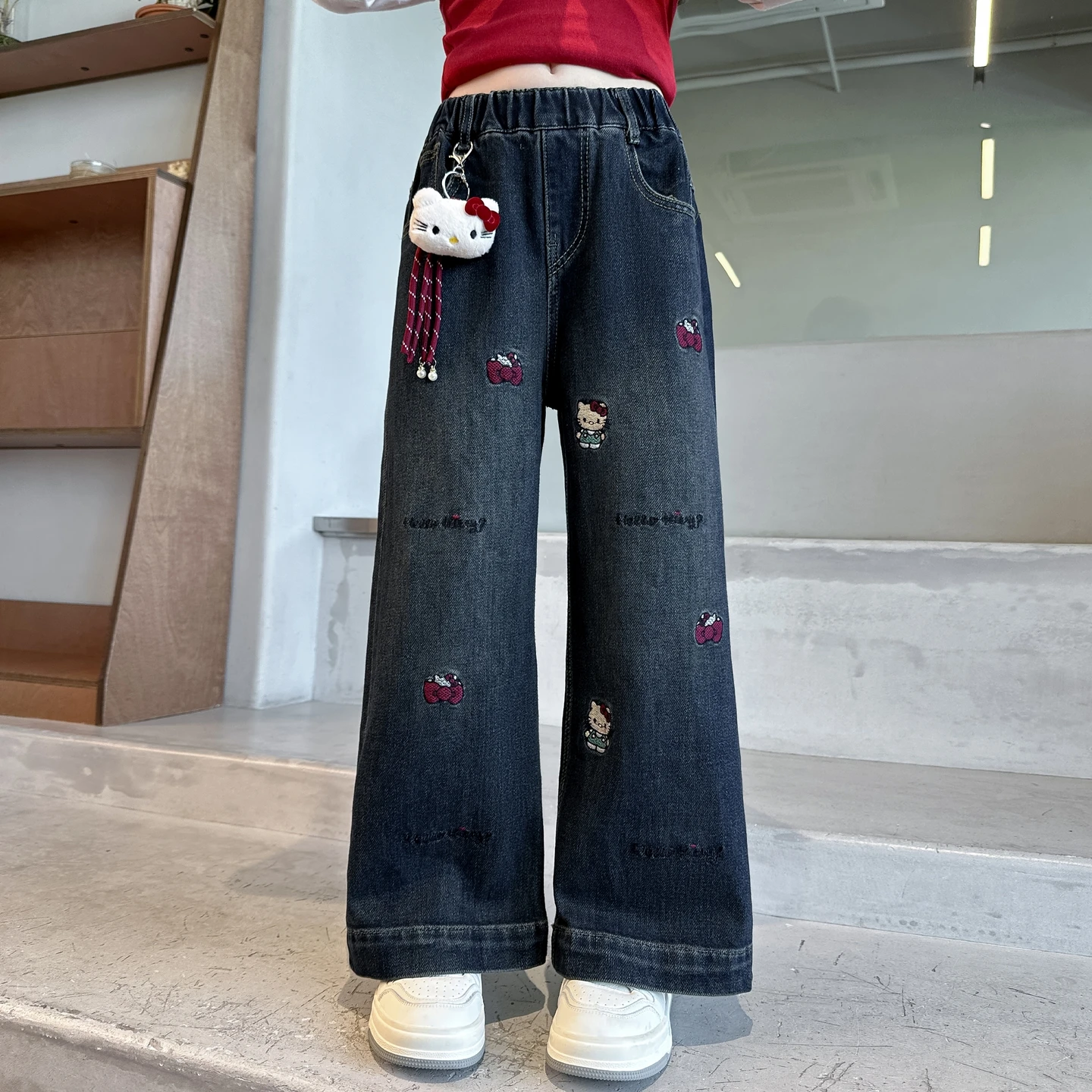 

Children's Jeans Blue Elastic Waisted Loose Pants Sweet Cute Hello Kitty Cat Embroidered Pants Spring Autumn New Girls' Pants