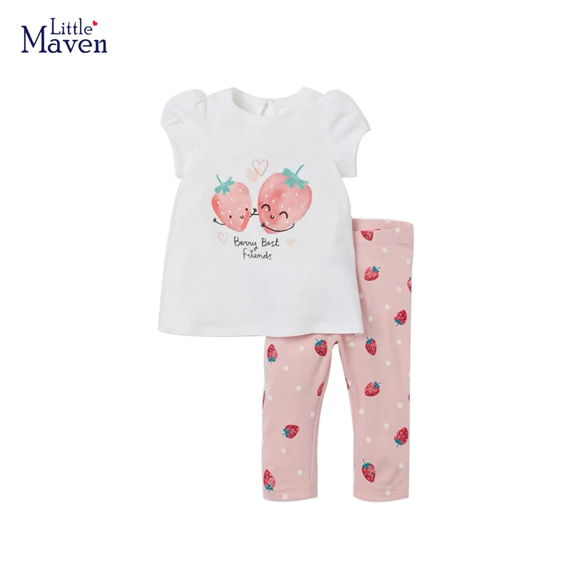 Little maven Suit for Girls 2024 Summer Children\'s Clothing  Tracksuit Kids Clothes Sets Cartoon Strawberry Tops+Pants Cotton