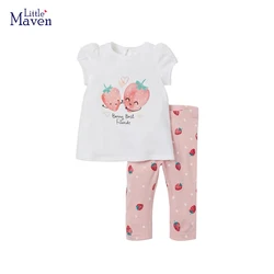 Little maven Suit for Girls 2024 Summer Children's Clothing  Tracksuit Kids Clothes Sets Cartoon Strawberry Tops+Pants Cotton