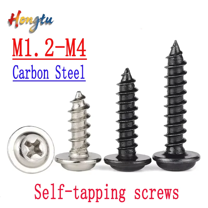 

Nickel-plated black carbon steel cross round head self-tapping screws with pads (M1.2 to M4) – wood screws.