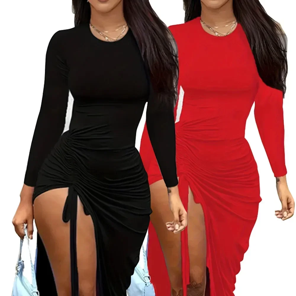 New European and American Women's Fashion Sexy Slim Round Neck Long Sleeve Solid Color Pleated Slit Drawstring Dress