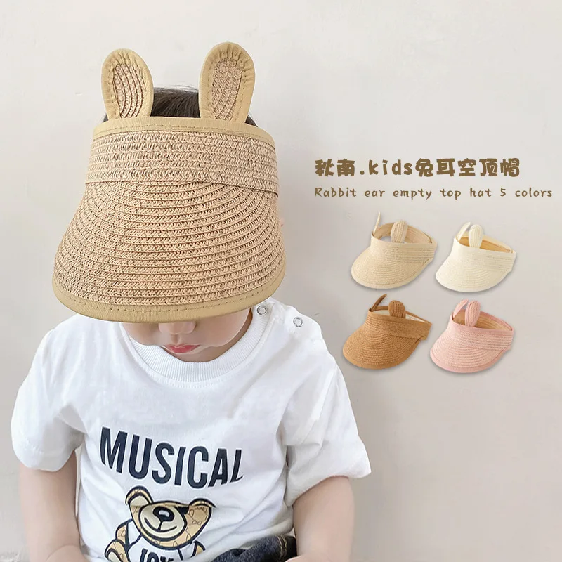 Sombrero de paja con orejas de conejo para niños, gorros plegables, visera de protección ajustable para exteriores, 1, 2, 3 y 4 años