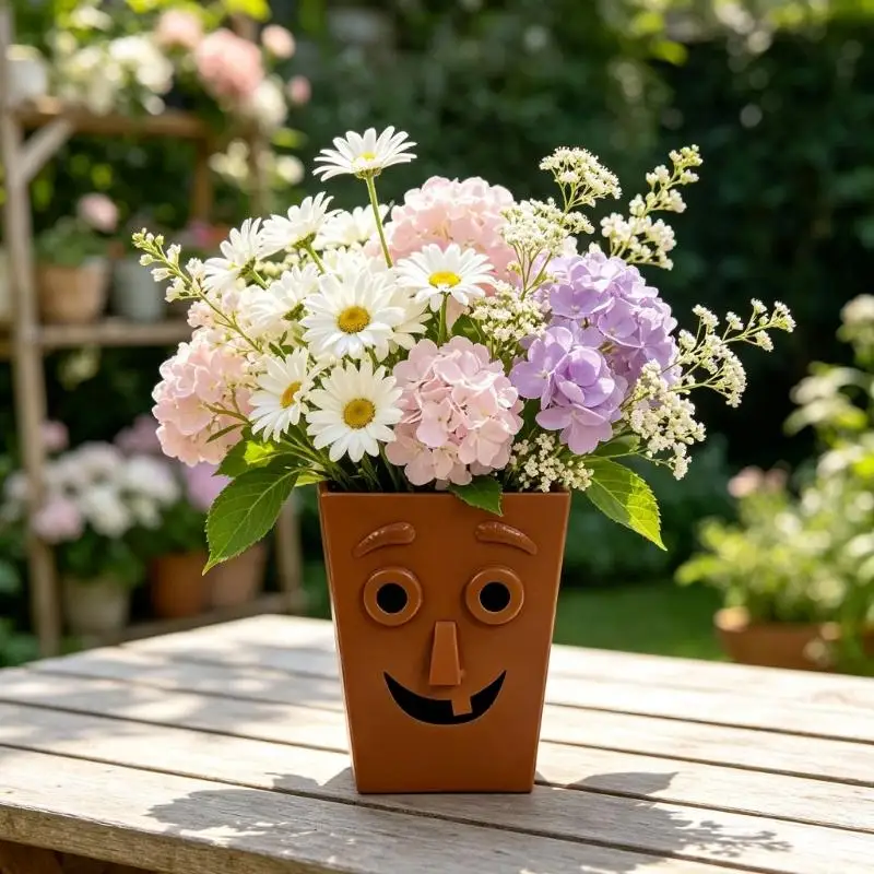 652F Metal Face Pot with Raised 3D Features for Desk and Windowsill Display